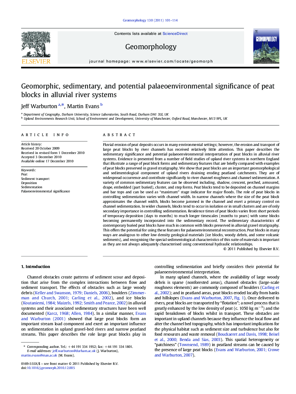 Geomorphic, sedimentary, and potential palaeoenvironmental significance of peat blocks in alluvial river systems