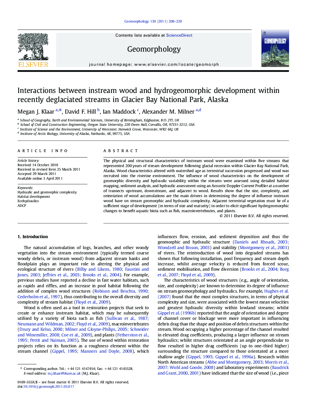 Interactions between instream wood and hydrogeomorphic development within recently deglaciated streams in Glacier Bay National Park, Alaska