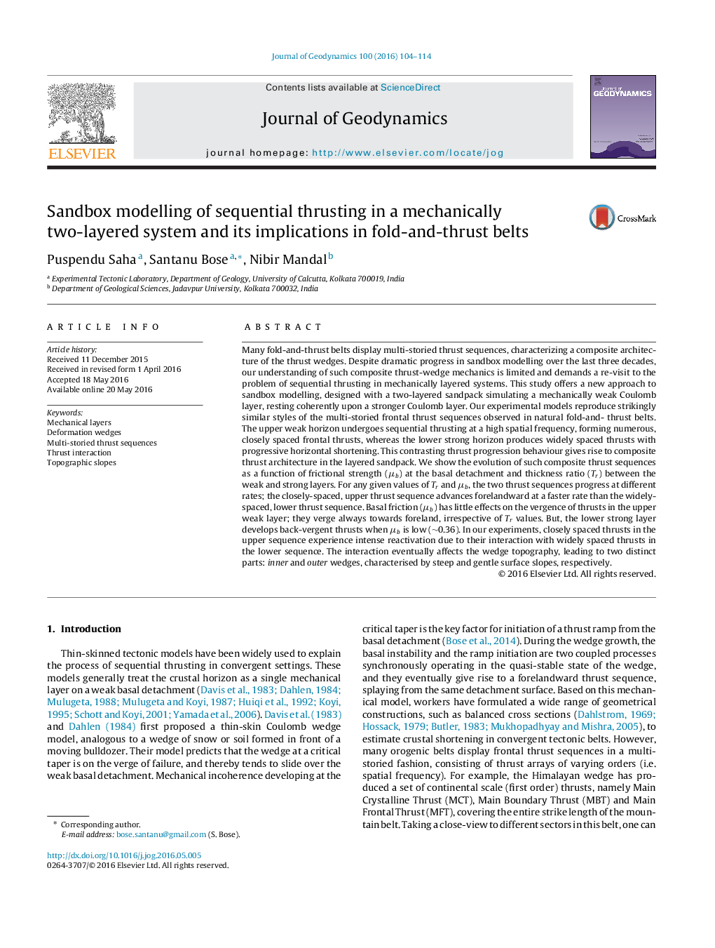 Sandbox modelling of sequential thrusting in a mechanically two-layered system and its implications in fold-and-thrust belts