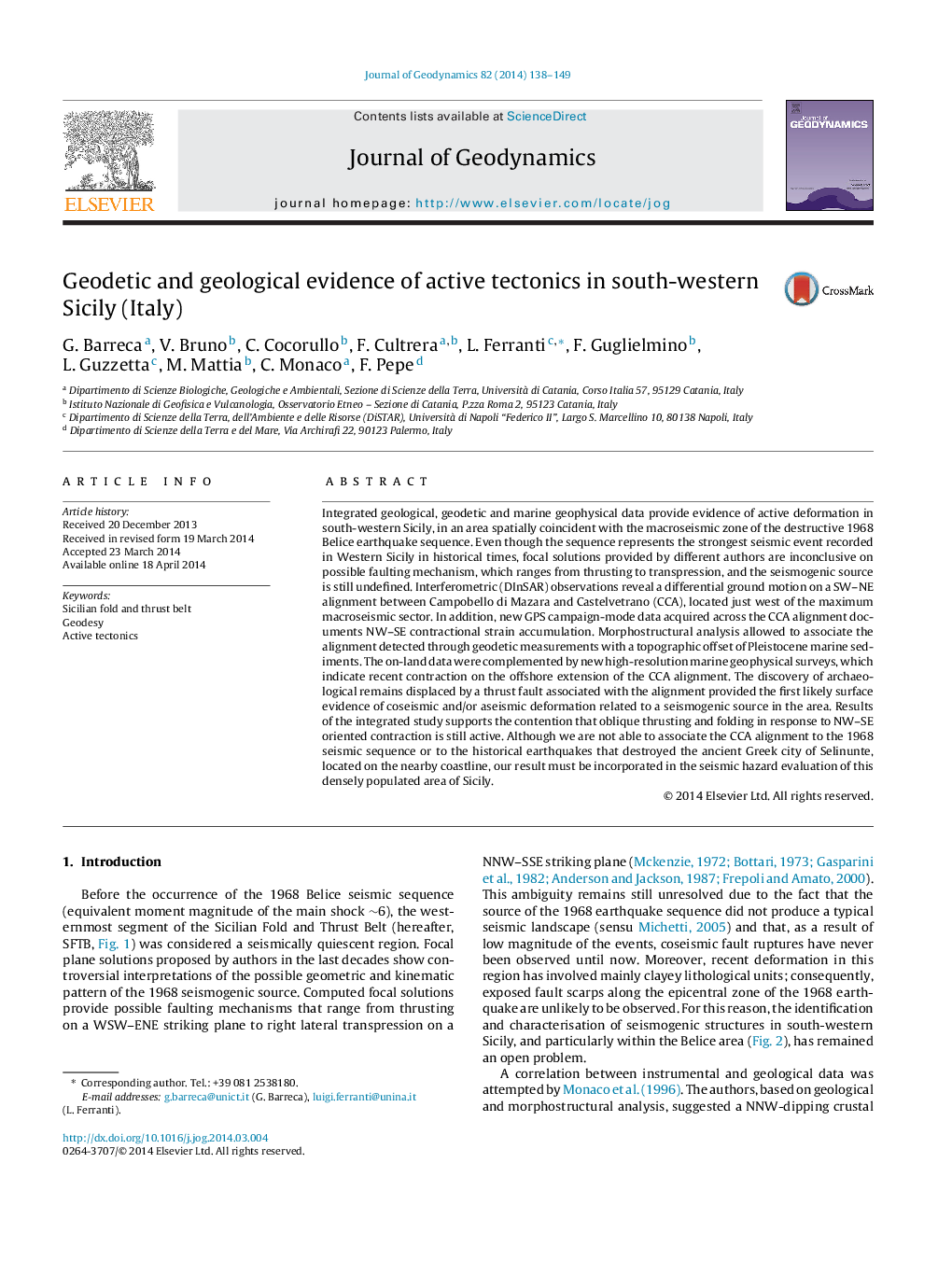 Geodetic and geological evidence of active tectonics in south-western Sicily (Italy)