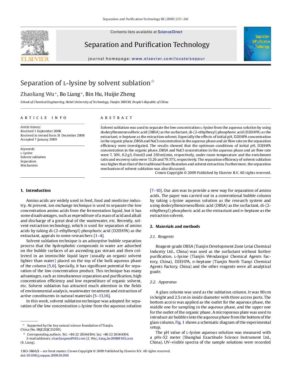 Separation of l-lysine by solvent sublation 