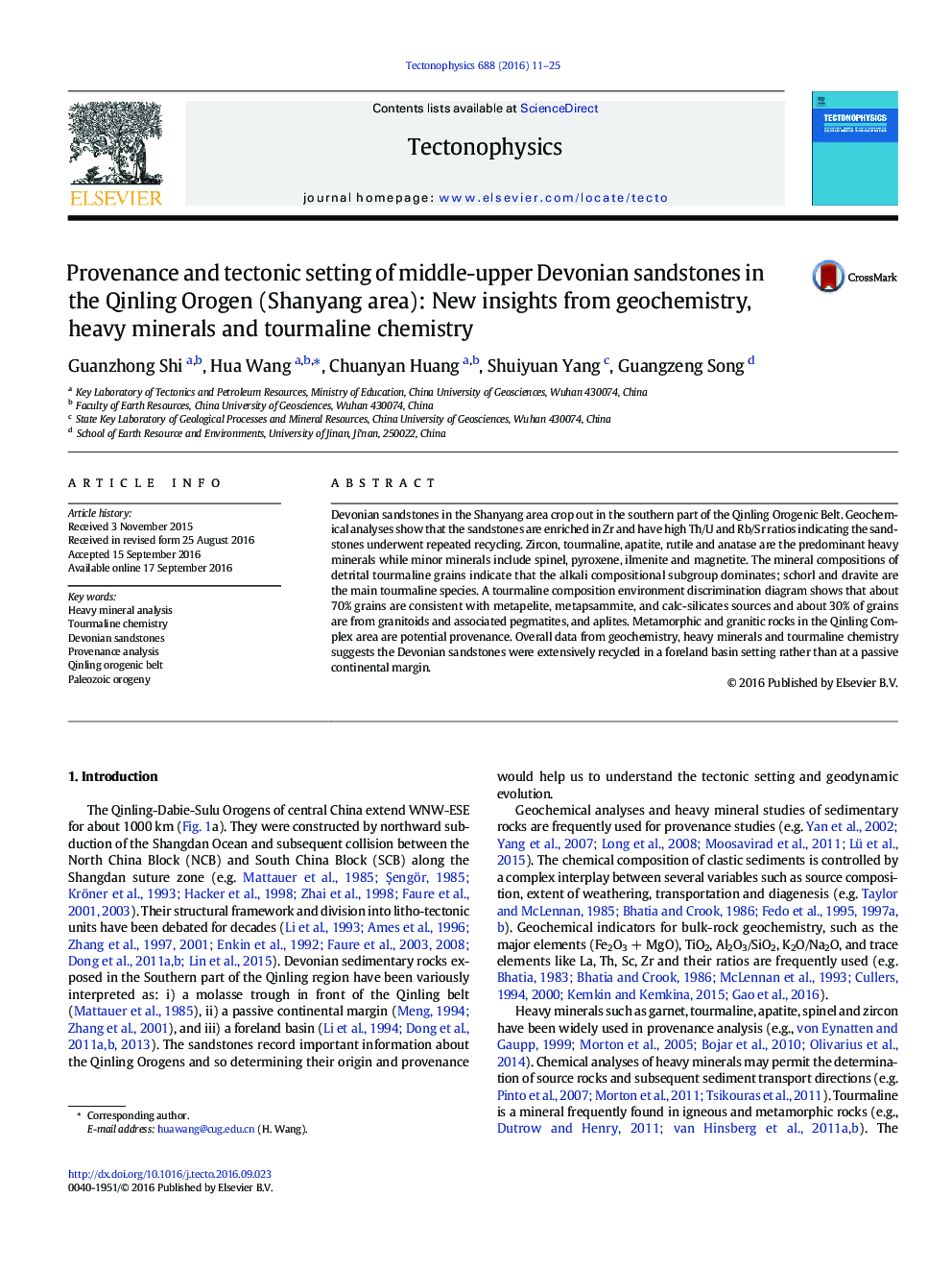 Provenance and tectonic setting of middle-upper Devonian sandstones in the Qinling Orogen (Shanyang area): New insights from geochemistry, heavy minerals and tourmaline chemistry