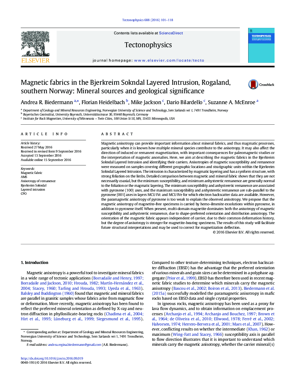 Magnetic fabrics in the Bjerkreim Sokndal Layered Intrusion, Rogaland, southern Norway: Mineral sources and geological significance