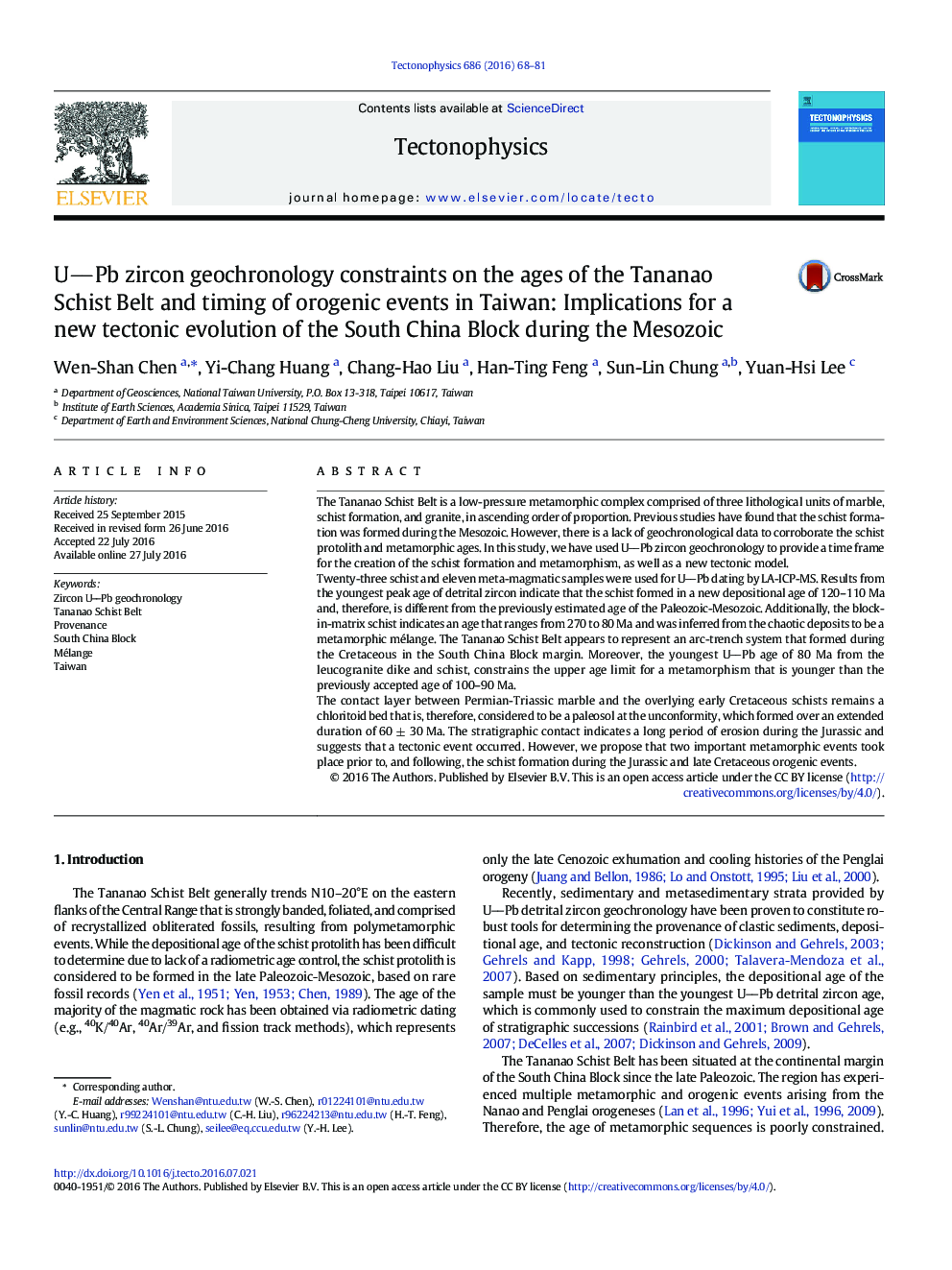 UPb zircon geochronology constraints on the ages of the Tananao Schist Belt and timing of orogenic events in Taiwan: Implications for a new tectonic evolution of the South China Block during the Mesozoic