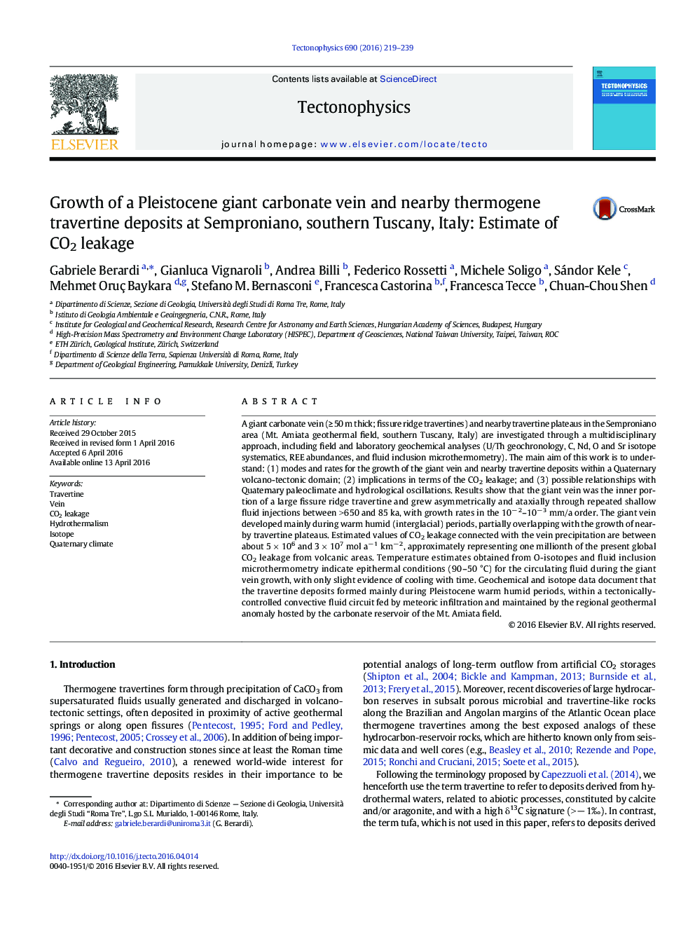 Growth of a Pleistocene giant carbonate vein and nearby thermogene travertine deposits at Semproniano, southern Tuscany, Italy: Estimate of CO2 leakage