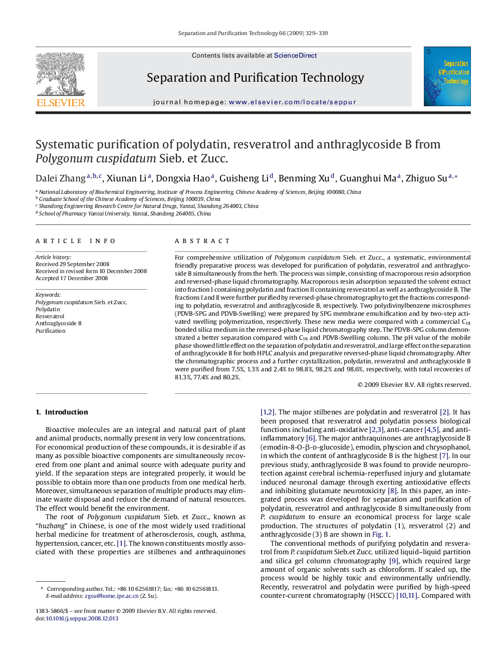 Systematic purification of polydatin, resveratrol and anthraglycoside B from Polygonum cuspidatum Sieb. et Zucc.