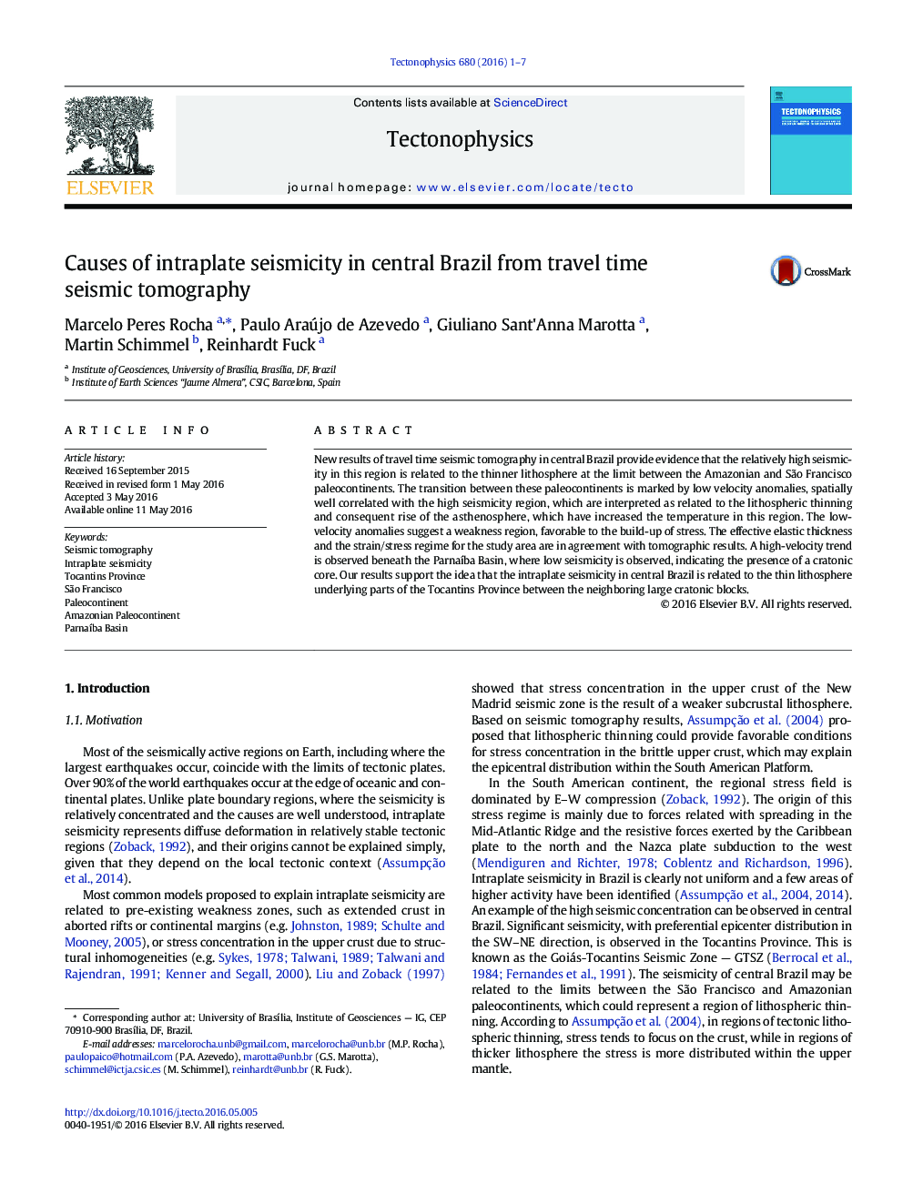 Causes of intraplate seismicity in central Brazil from travel time seismic tomography