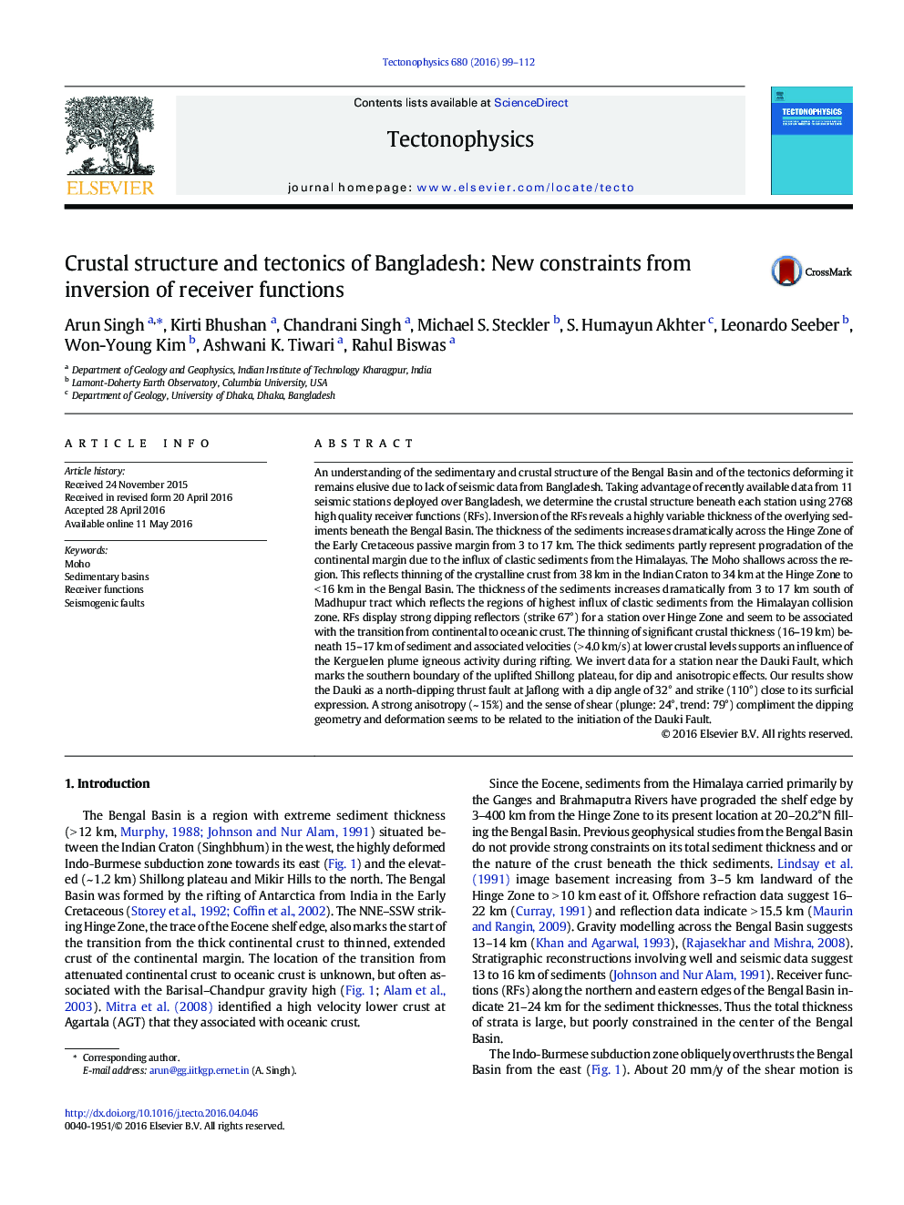 Crustal structure and tectonics of Bangladesh: New constraints from inversion of receiver functions