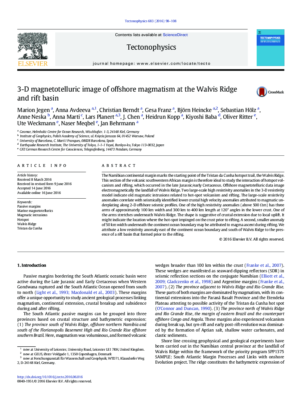 3-D magnetotelluric image of offshore magmatism at the Walvis Ridge and rift basin