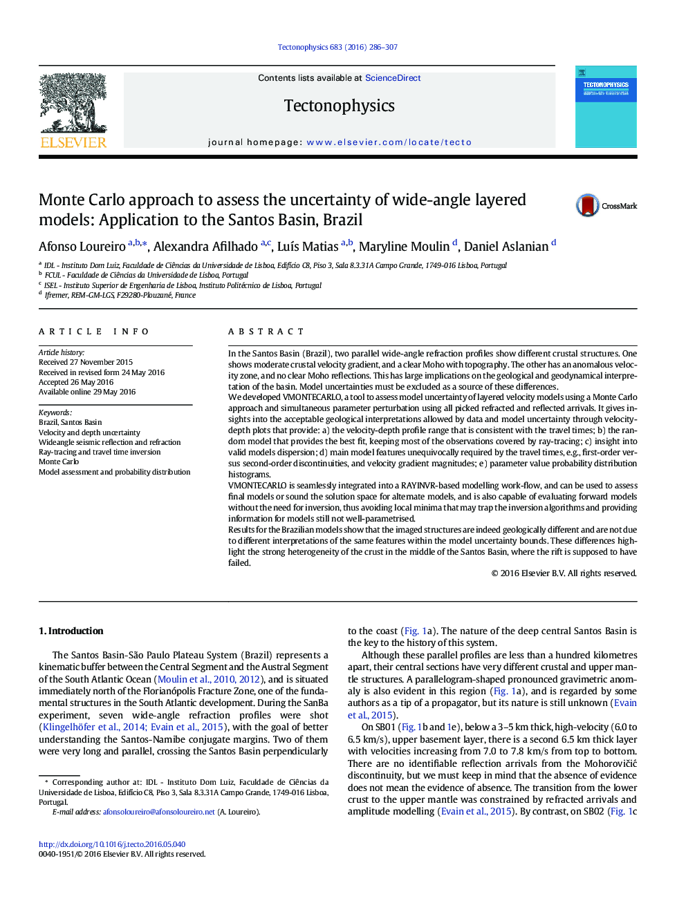 Monte Carlo approach to assess the uncertainty of wide-angle layered models: Application to the Santos Basin, Brazil