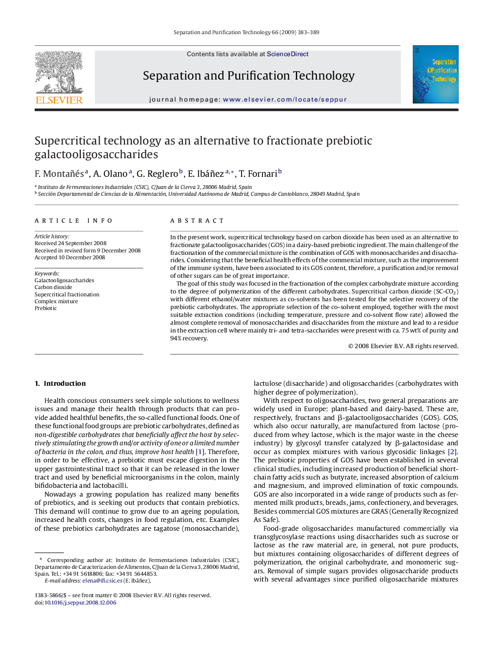 Supercritical technology as an alternative to fractionate prebiotic galactooligosaccharides