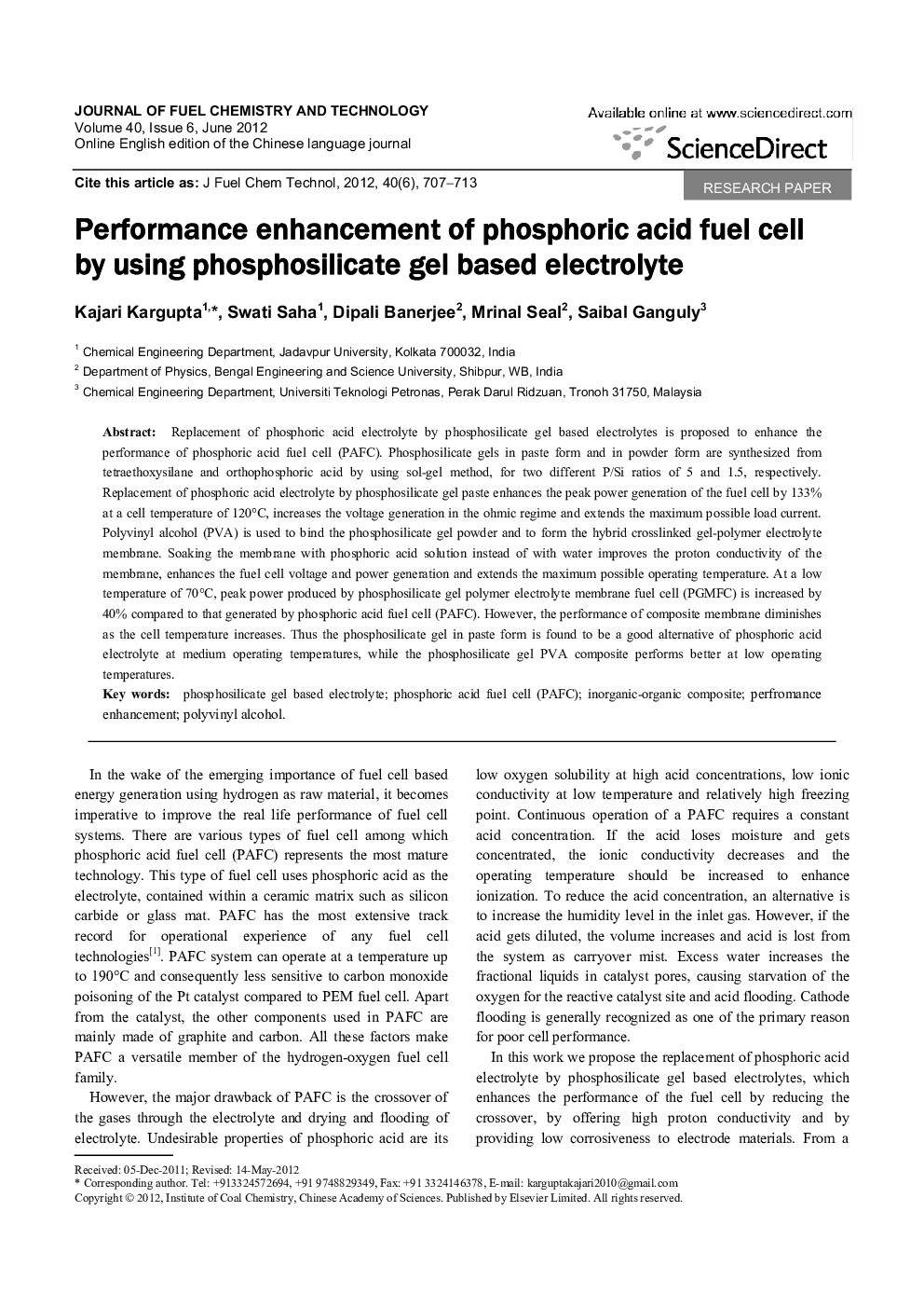 Performance enhancement of phosphoric acid fuel cell by using phosphosilicate gel based electrolyte