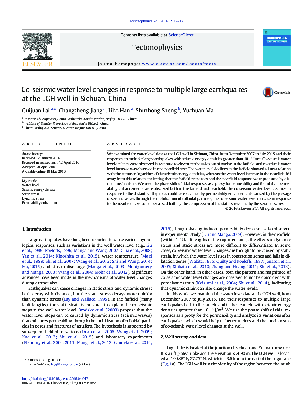 Co-seismic water level changes in response to multiple large earthquakes at the LGH well in Sichuan, China