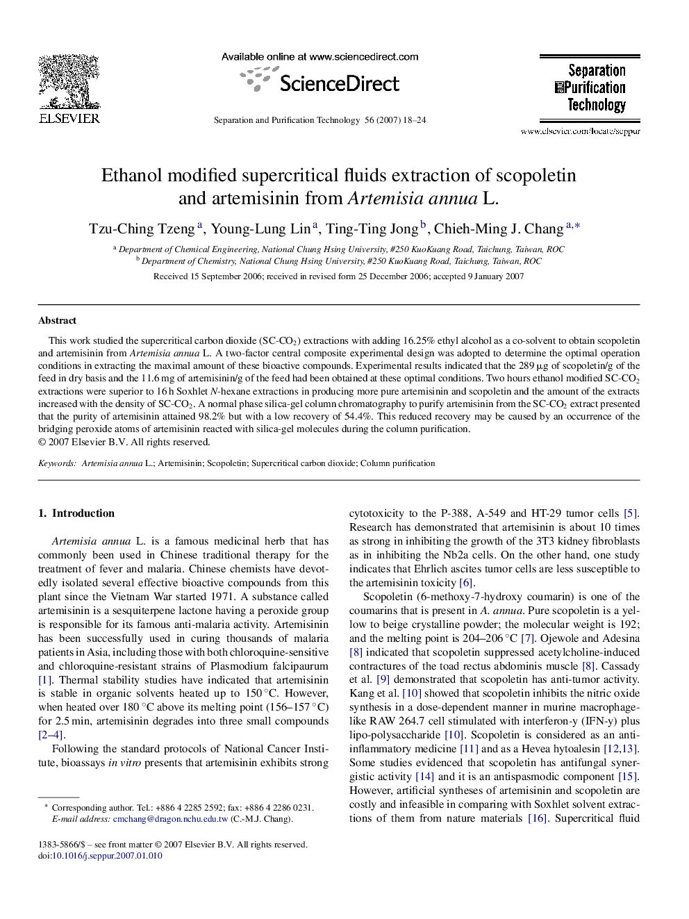 Ethanol modified supercritical fluids extraction of scopoletin and artemisinin from Artemisia annua L.