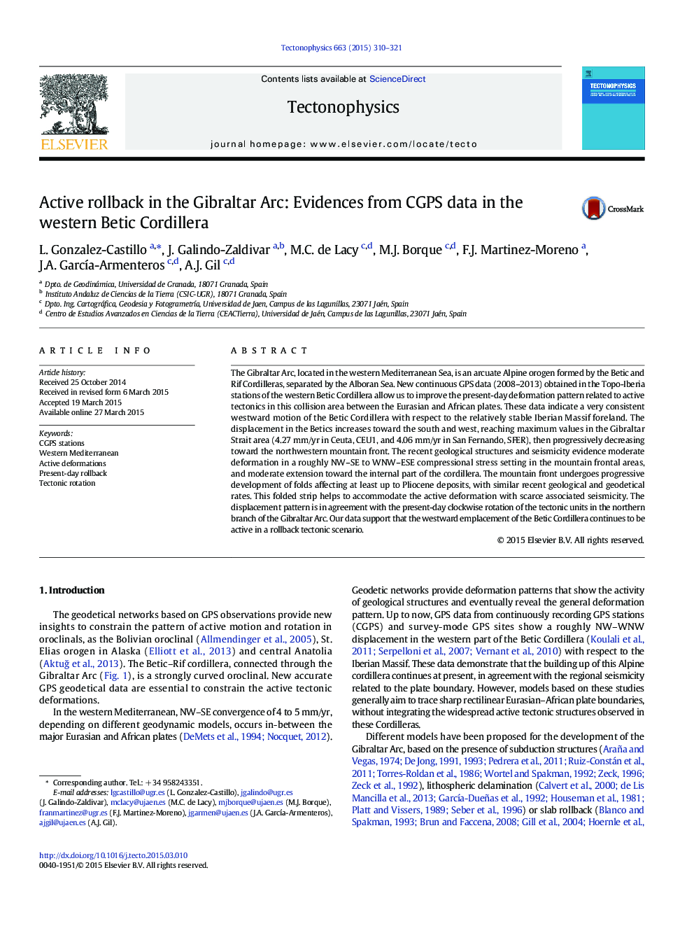 Active rollback in the Gibraltar Arc: Evidences from CGPS data in the western Betic Cordillera