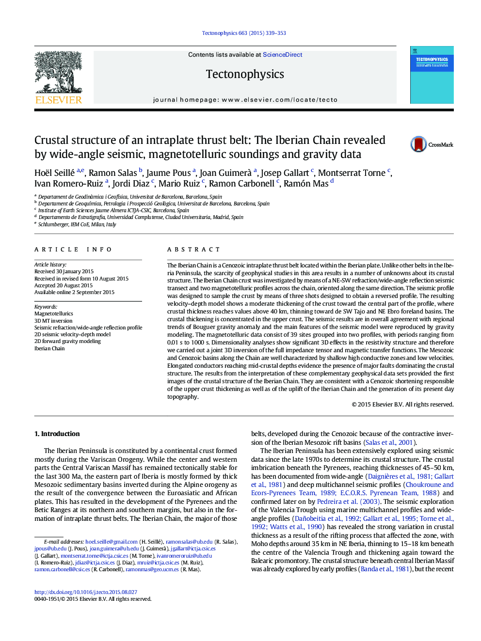 Crustal structure of an intraplate thrust belt: The Iberian Chain revealed by wide-angle seismic, magnetotelluric soundings and gravity data