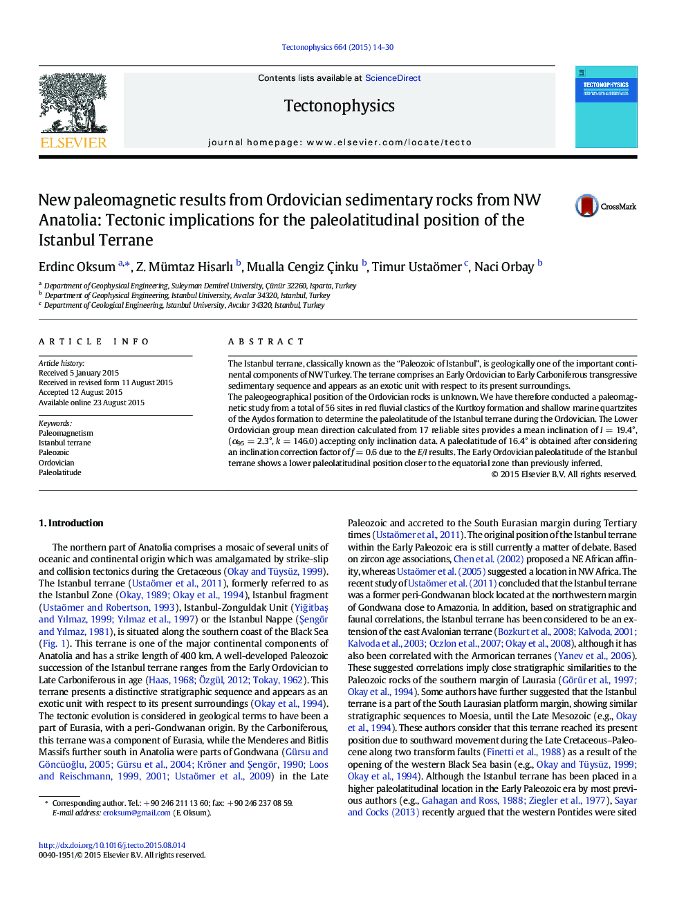 New paleomagnetic results from Ordovician sedimentary rocks from NW Anatolia: Tectonic implications for the paleolatitudinal position of the Istanbul Terrane