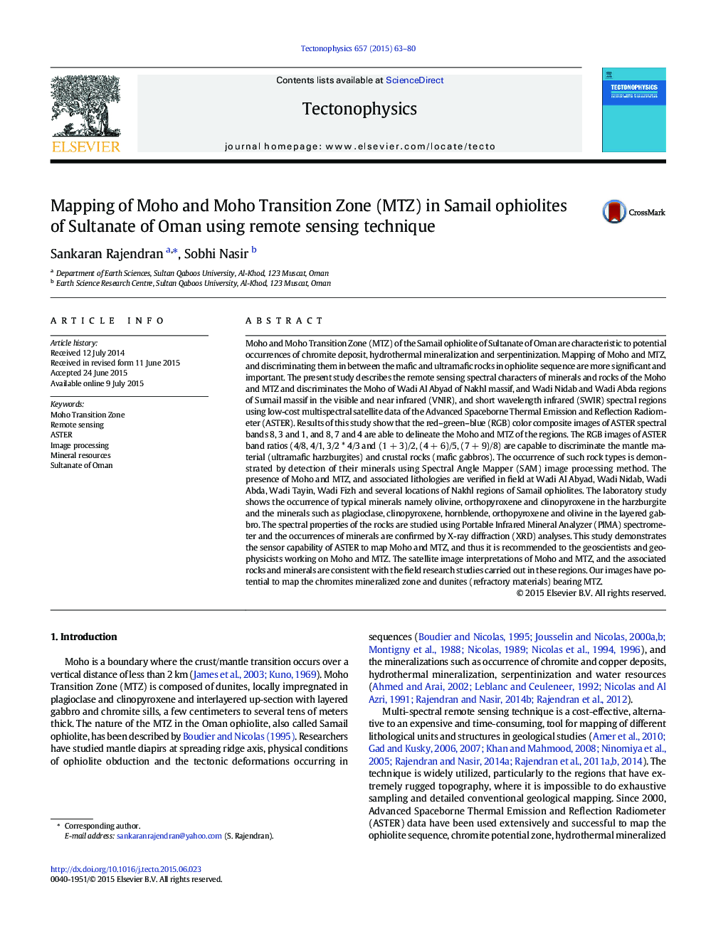 Mapping of Moho and Moho Transition Zone (MTZ) in Samail ophiolites of Sultanate of Oman using remote sensing technique