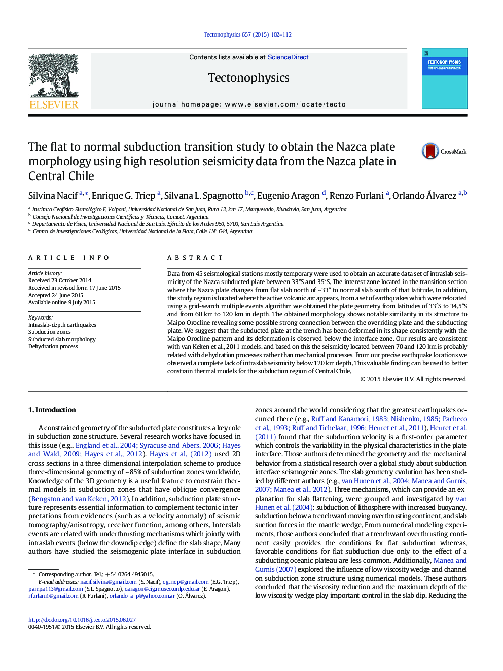 The flat to normal subduction transition study to obtain the Nazca plate morphology using high resolution seismicity data from the Nazca plate in Central Chile