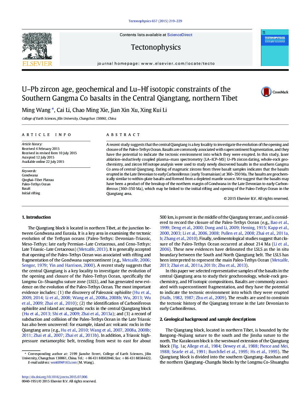 U-Pb zircon age, geochemical and Lu-Hf isotopic constraints of the Southern Gangma Co basalts in the Central Qiangtang, northern Tibet