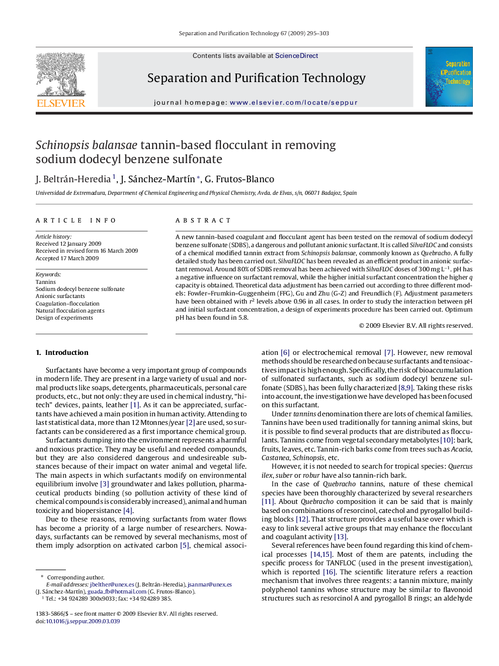 Schinopsis balansae tannin-based flocculant in removing sodium dodecyl benzene sulfonate