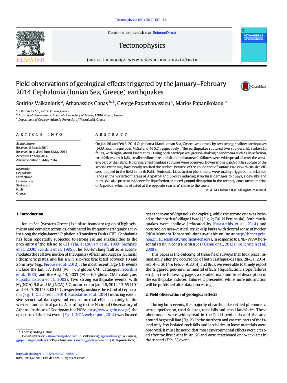 Field observations of geological effects triggered by the January-February 2014 Cephalonia (Ionian Sea, Greece) earthquakes