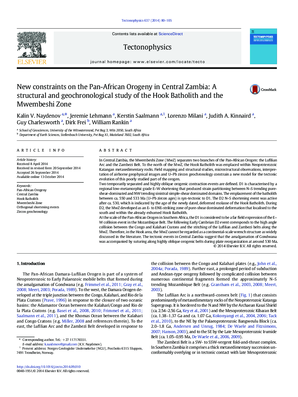 New constraints on the Pan-African Orogeny in Central Zambia: A structural and geochronological study of the Hook Batholith and the Mwembeshi Zone