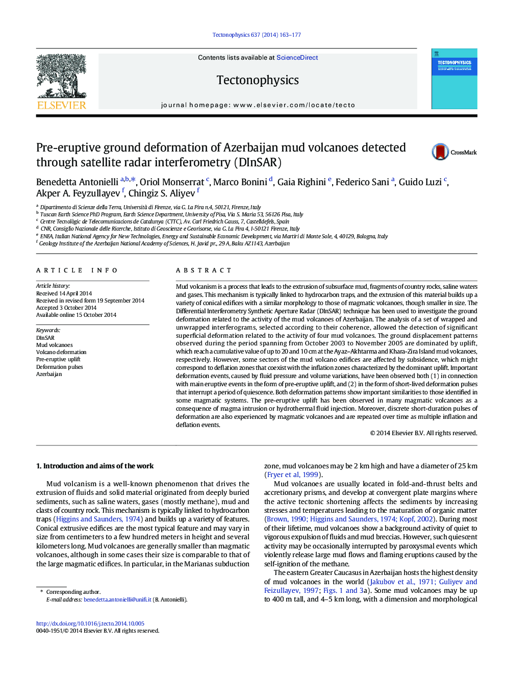 Pre-eruptive ground deformation of Azerbaijan mud volcanoes detected through satellite radar interferometry (DInSAR)