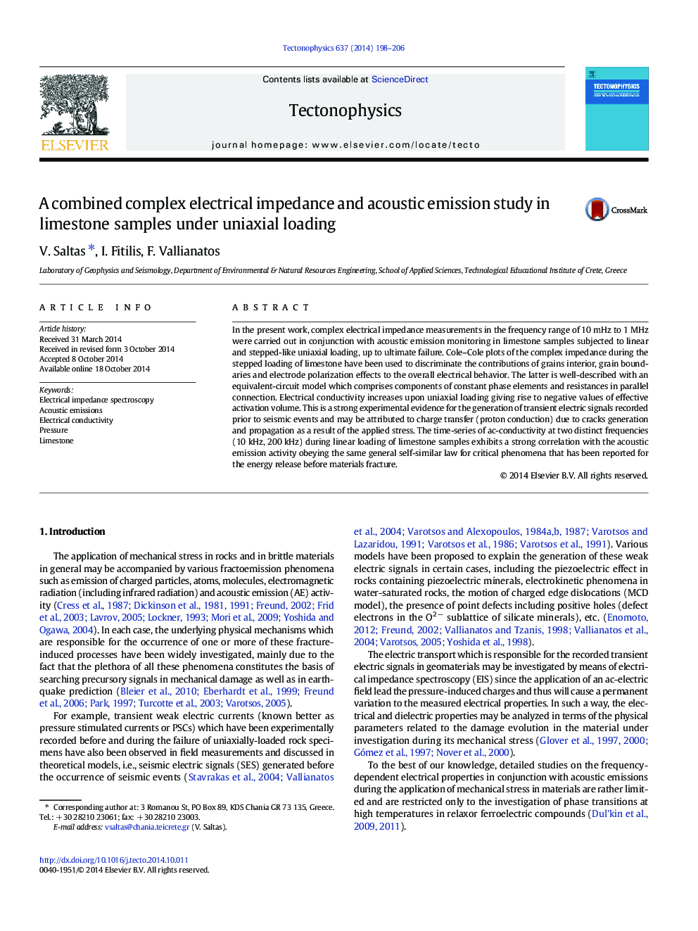 A combined complex electrical impedance and acoustic emission study in limestone samples under uniaxial loading