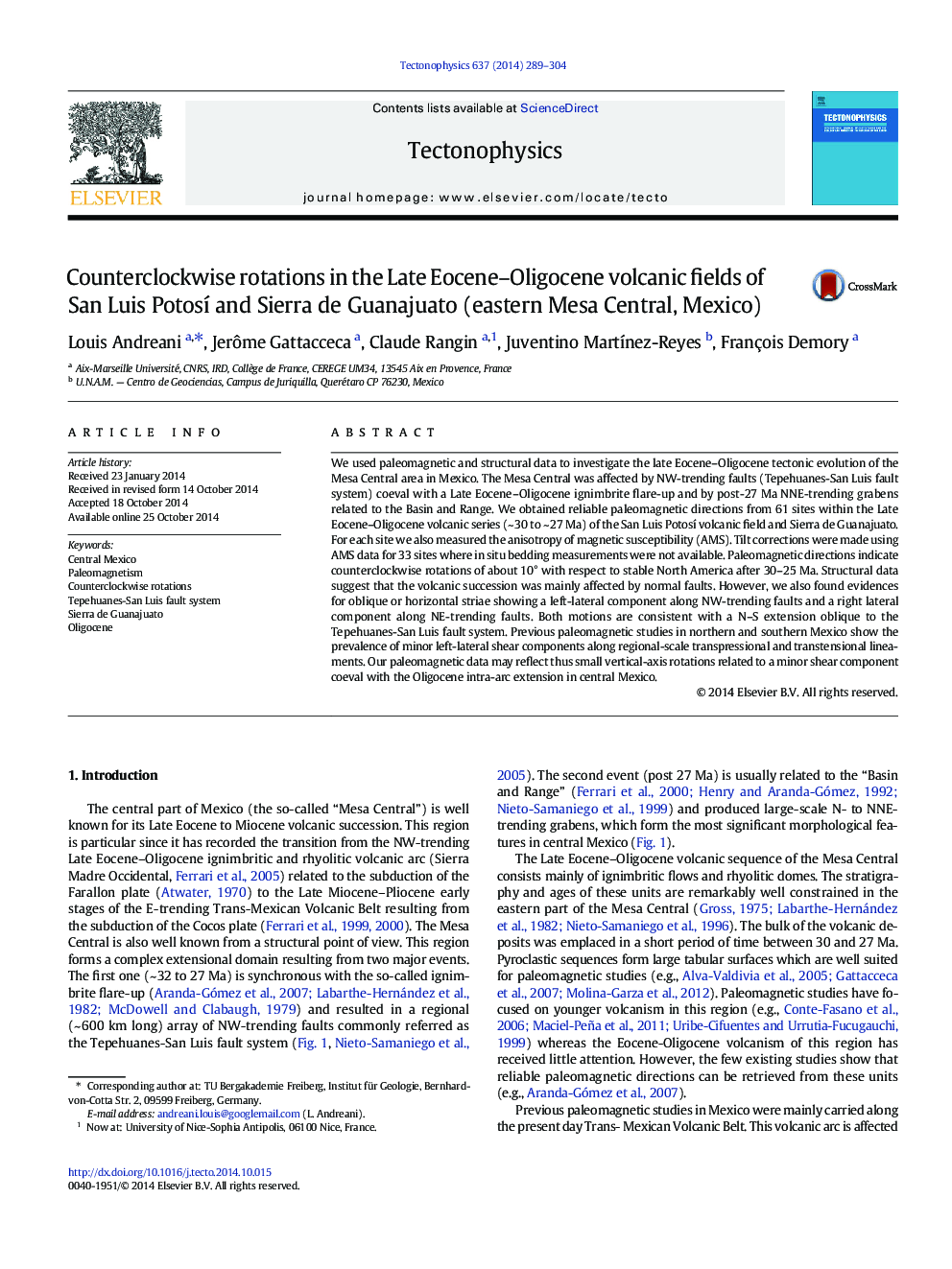 Counterclockwise rotations in the Late Eocene-Oligocene volcanic fields of San Luis PotosÃ­ and Sierra de Guanajuato (eastern Mesa Central, Mexico)