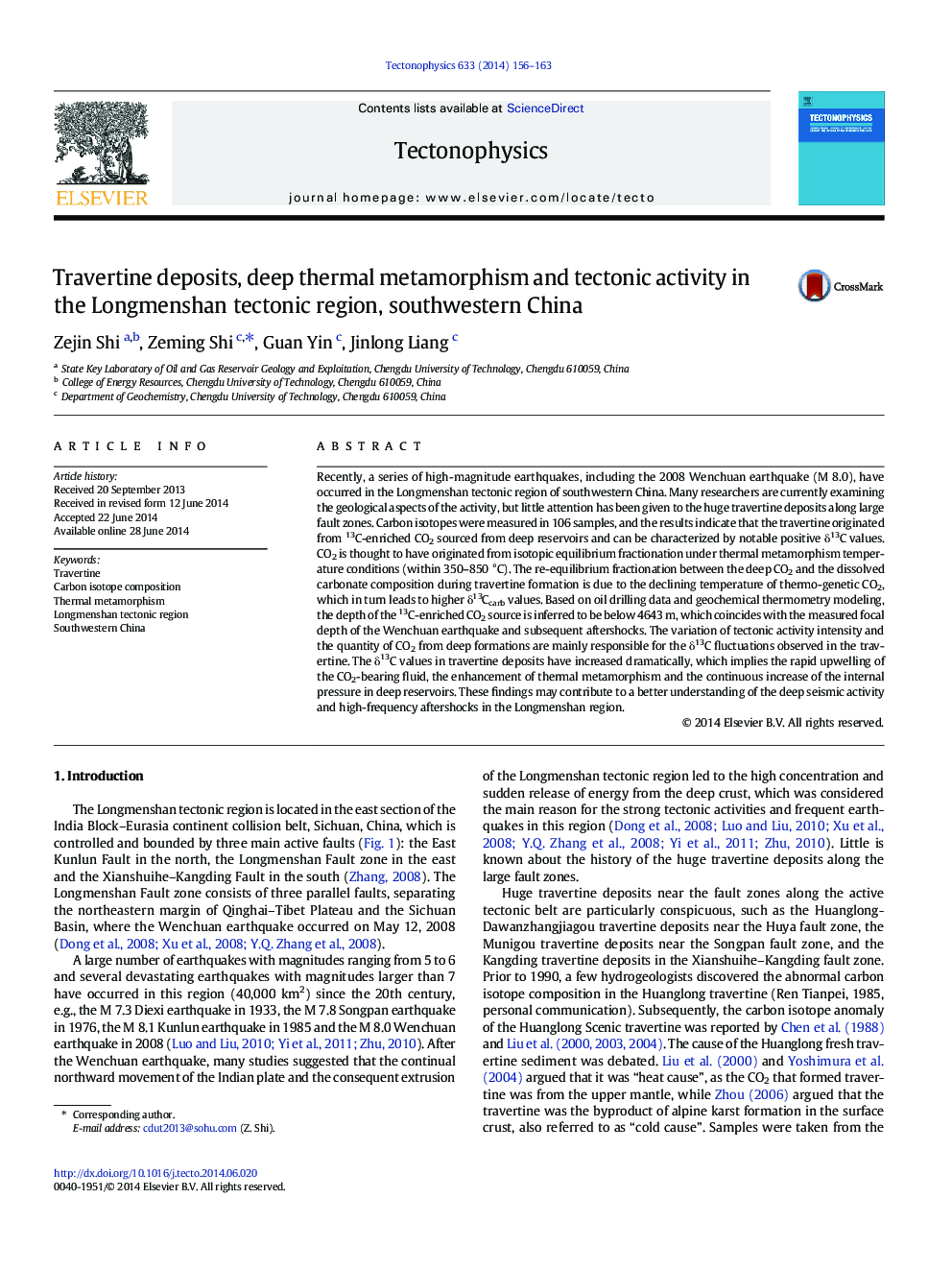 Travertine deposits, deep thermal metamorphism and tectonic activity in the Longmenshan tectonic region, southwestern China