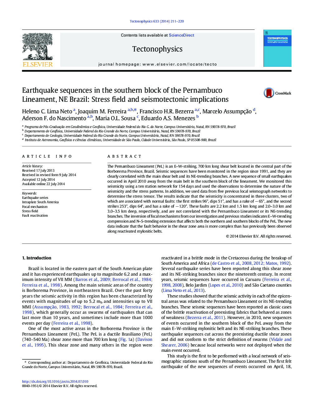 Earthquake sequences in the southern block of the Pernambuco Lineament, NE Brazil: Stress field and seismotectonic implications