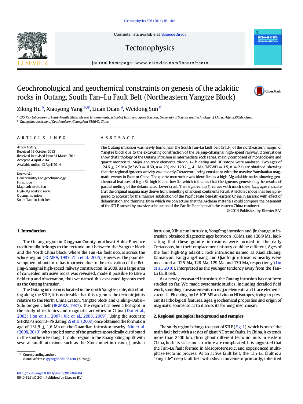 Geochronological and geochemical constraints on genesis of the adakitic rocks in Outang, South Tan-Lu Fault Belt (Northeastern Yangtze Block)