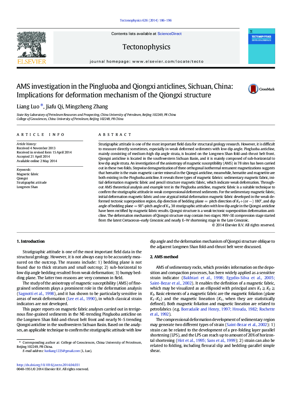 AMS investigation in the Pingluoba and Qiongxi anticlines, Sichuan, China: Implications for deformation mechanism of the Qiongxi structure