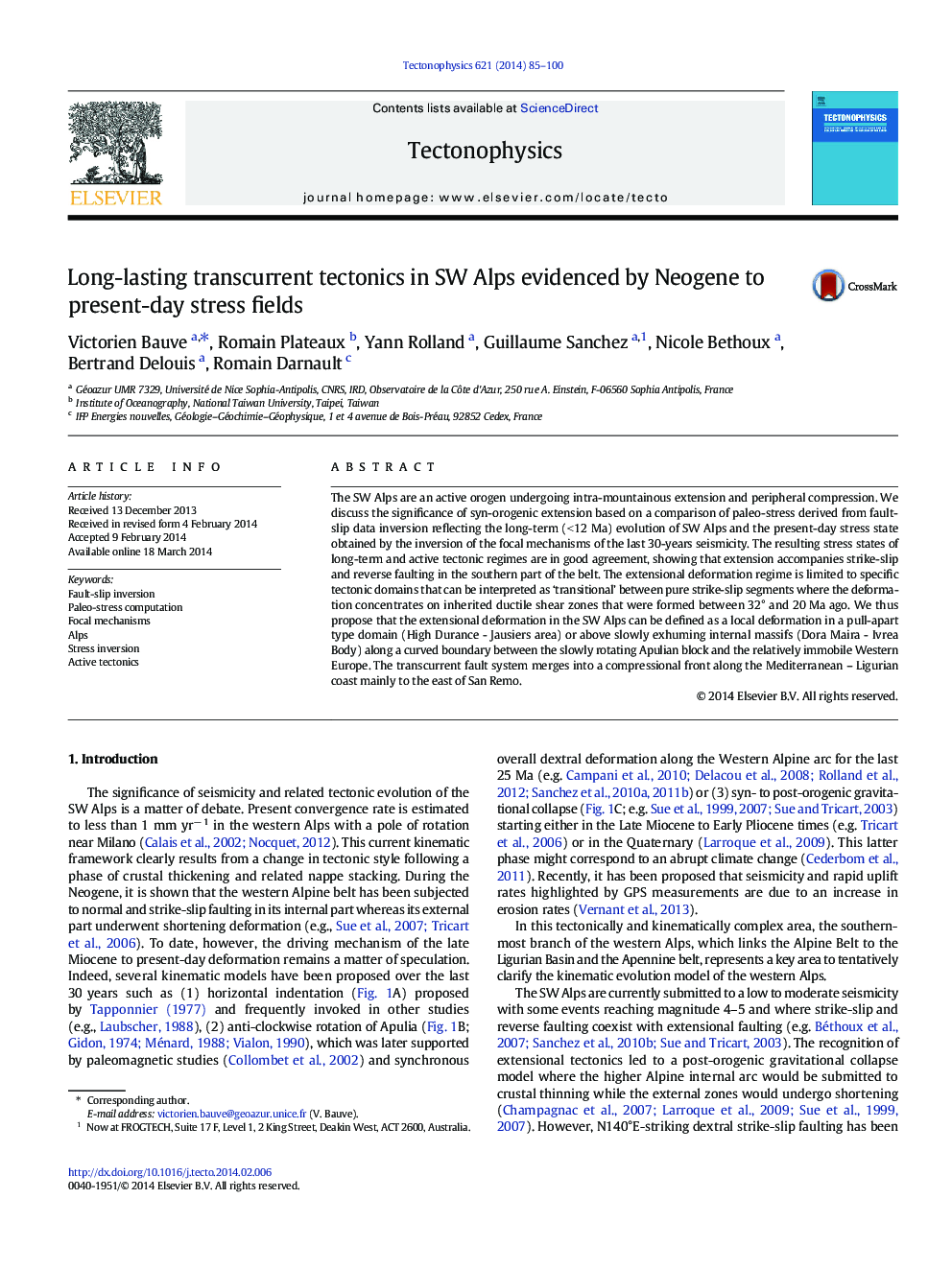 Long-lasting transcurrent tectonics in SW Alps evidenced by Neogene to present-day stress fields