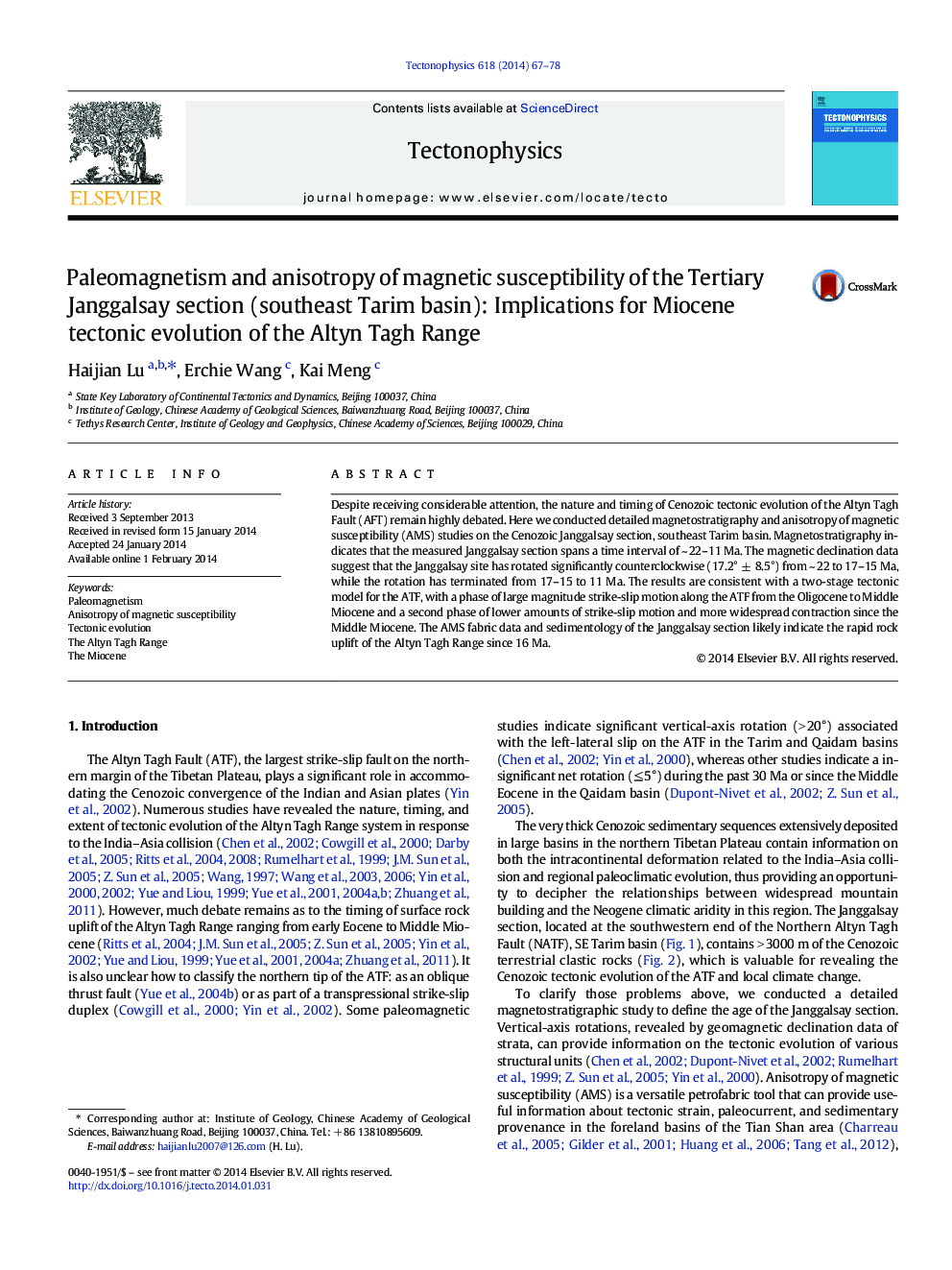 Paleomagnetism and anisotropy of magnetic susceptibility of the Tertiary Janggalsay section (southeast Tarim basin): Implications for Miocene tectonic evolution of the Altyn Tagh Range