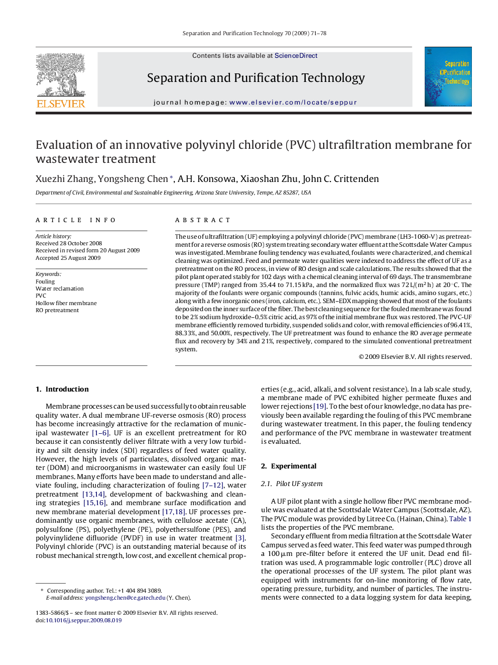 Evaluation of an innovative polyvinyl chloride (PVC) ultrafiltration membrane for wastewater treatment