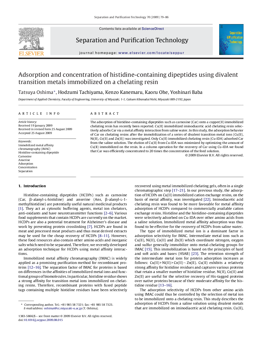 Adsorption and concentration of histidine-containing dipeptides using divalent transition metals immobilized on a chelating resin