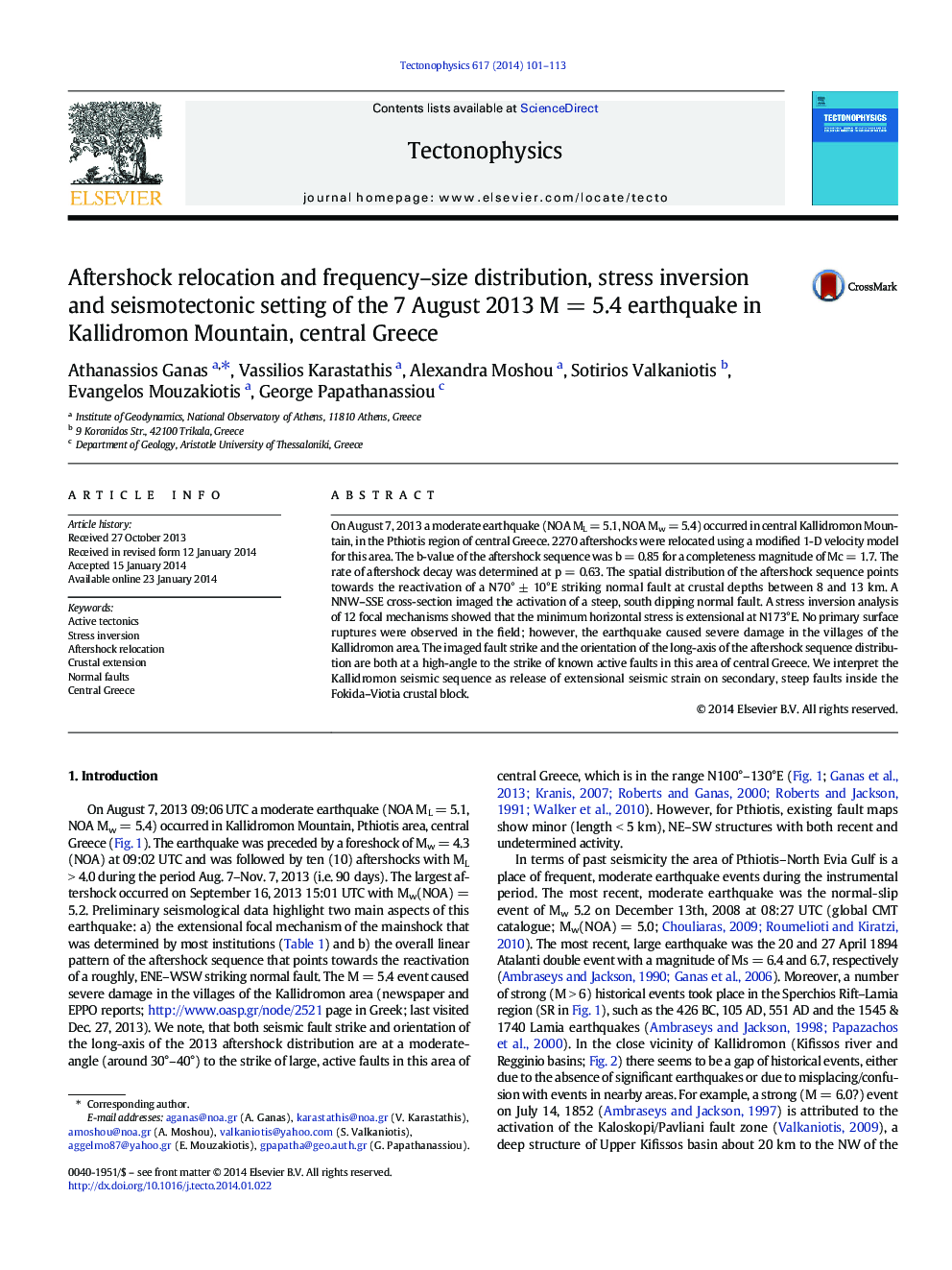 Aftershock relocation and frequency-size distribution, stress inversion and seismotectonic setting of the 7 August 2013 MÂ =Â 5.4 earthquake in Kallidromon Mountain, central Greece