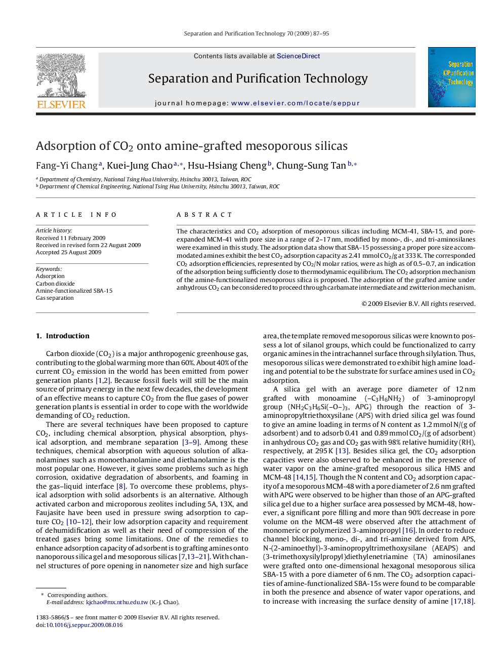 Adsorption of CO2 onto amine-grafted mesoporous silicas