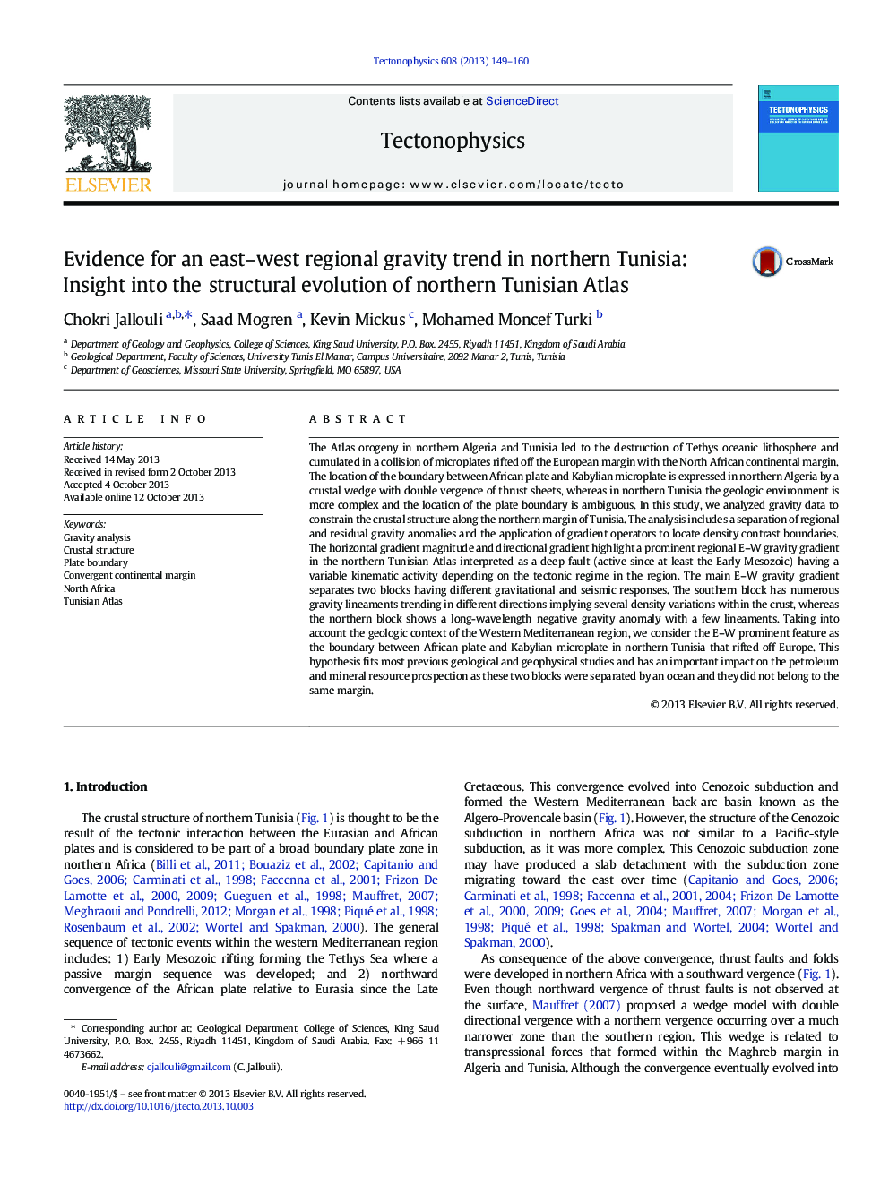 Evidence for an east-west regional gravity trend in northern Tunisia: Insight into the structural evolution of northern Tunisian Atlas