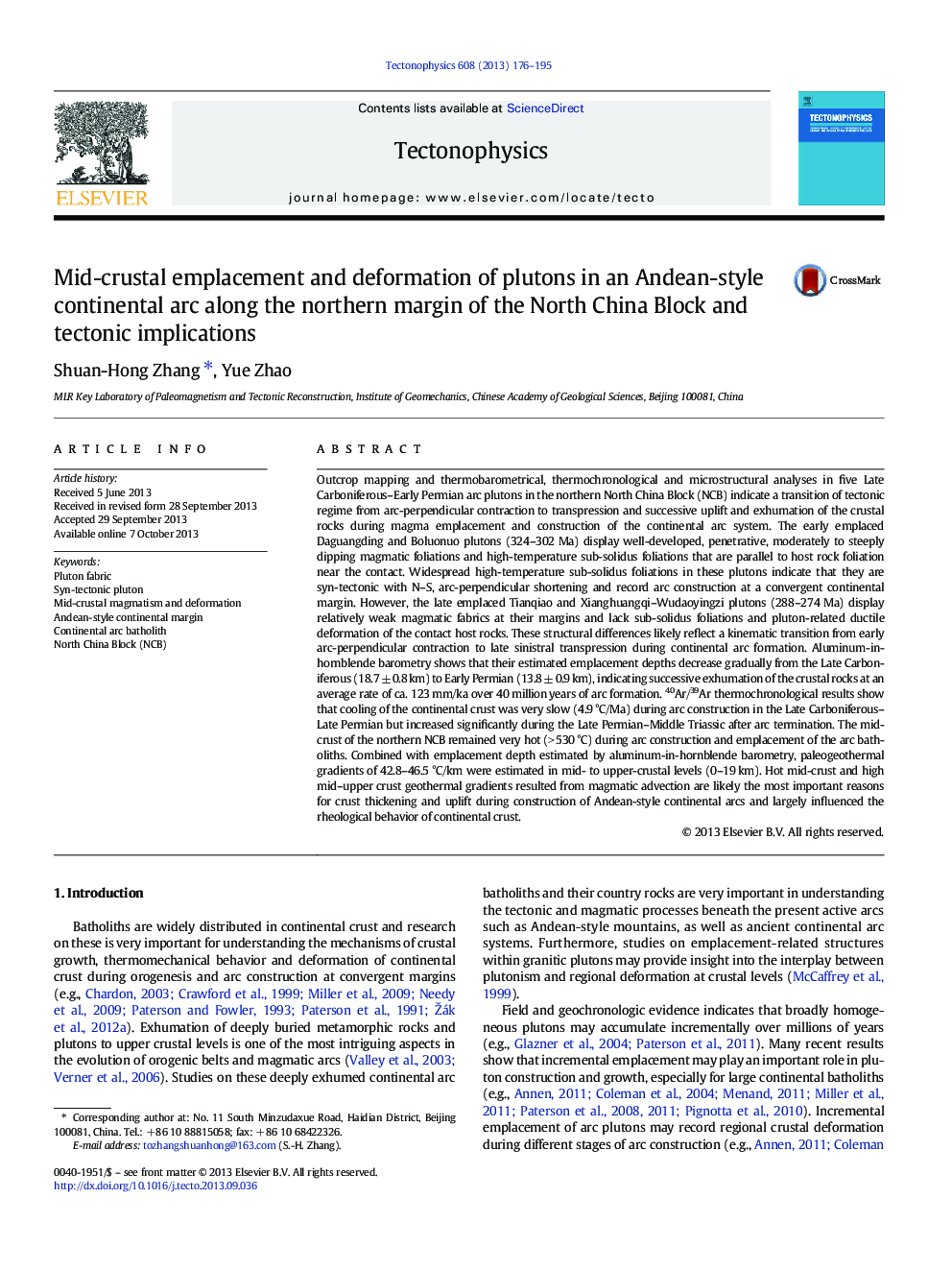 Mid-crustal emplacement and deformation of plutons in an Andean-style continental arc along the northern margin of the North China Block and tectonic implications