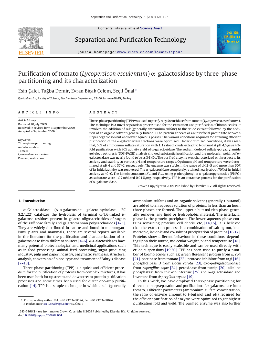 Purification of tomato (Lycopersicon esculentum) α-galactosidase by three-phase partitioning and its characterization