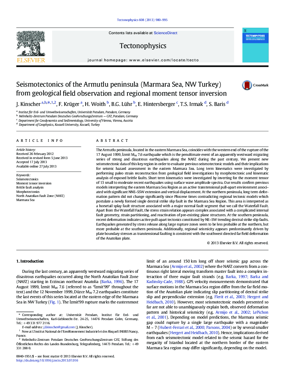 Seismotectonics of the Armutlu peninsula (Marmara Sea, NW Turkey) from geological field observation and regional moment tensor inversion