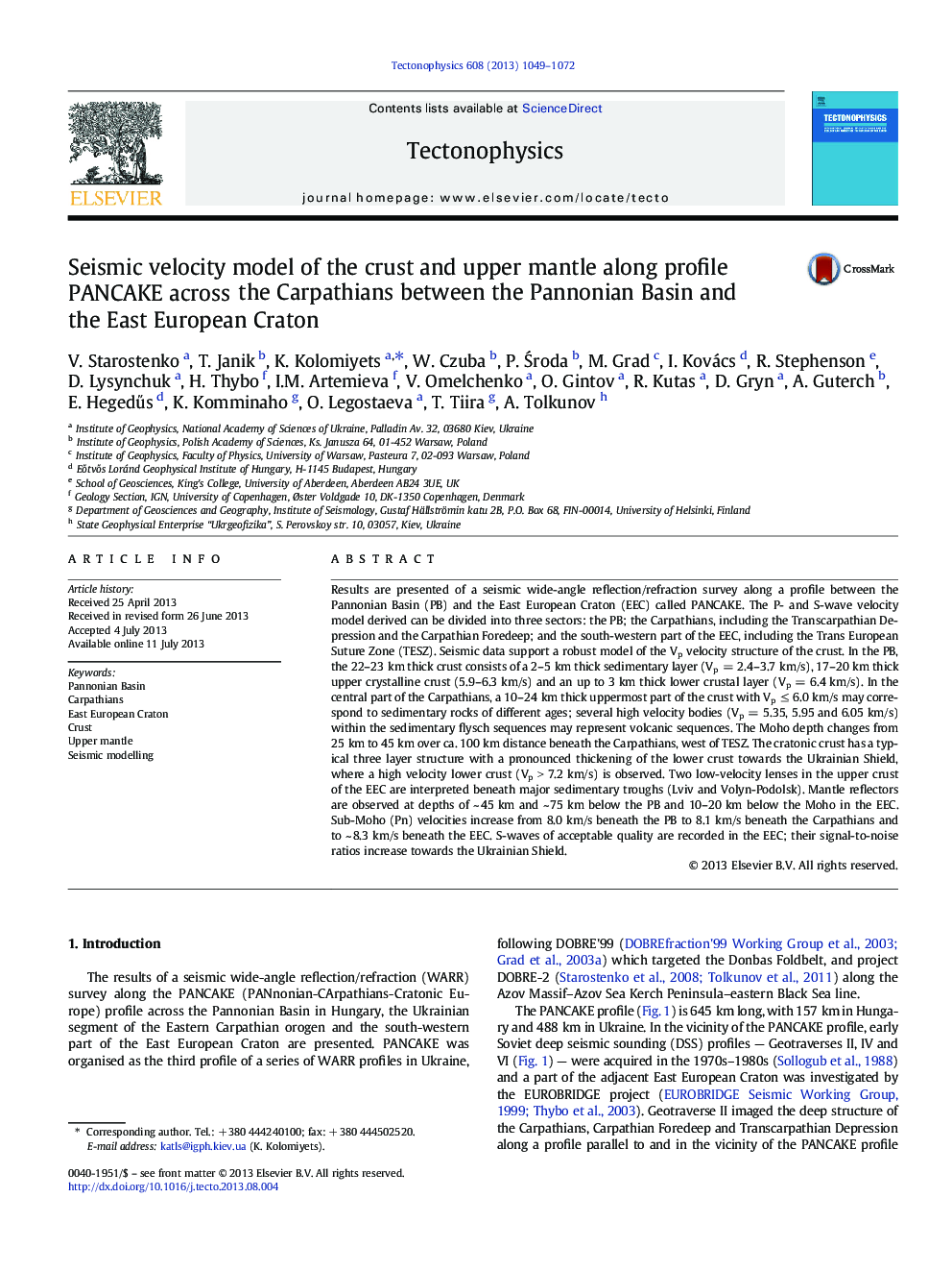 Seismic velocity model of the crust and upper mantle along profile PANCAKE across the Carpathians between the Pannonian Basin and the East European Craton