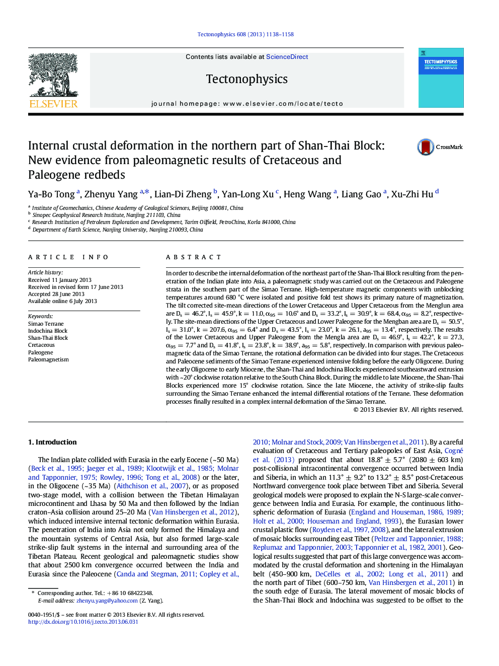 Internal crustal deformation in the northern part of Shan-Thai Block: New evidence from paleomagnetic results of Cretaceous and Paleogene redbeds