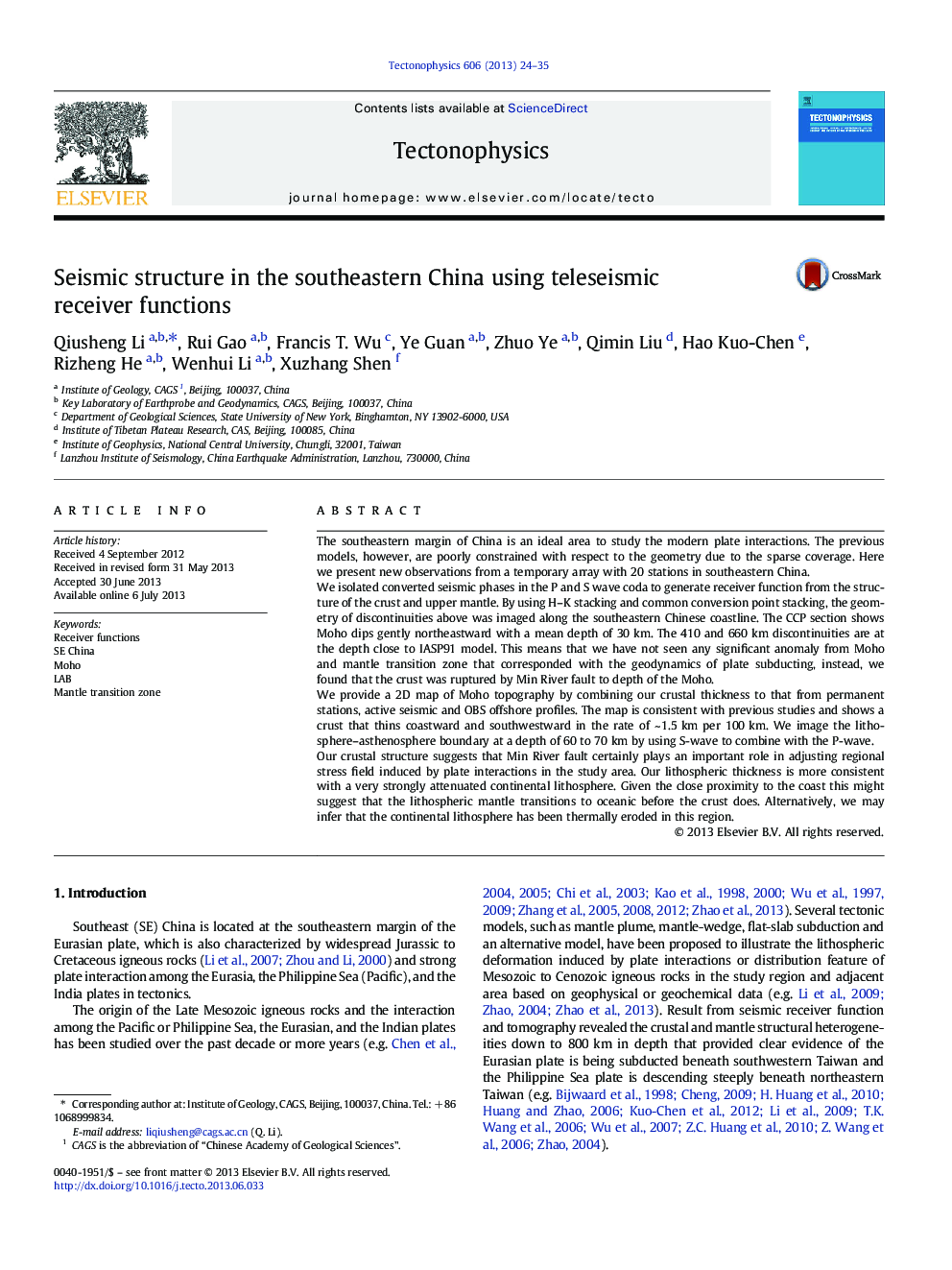 Seismic structure in the southeastern China using teleseismic receiver functions