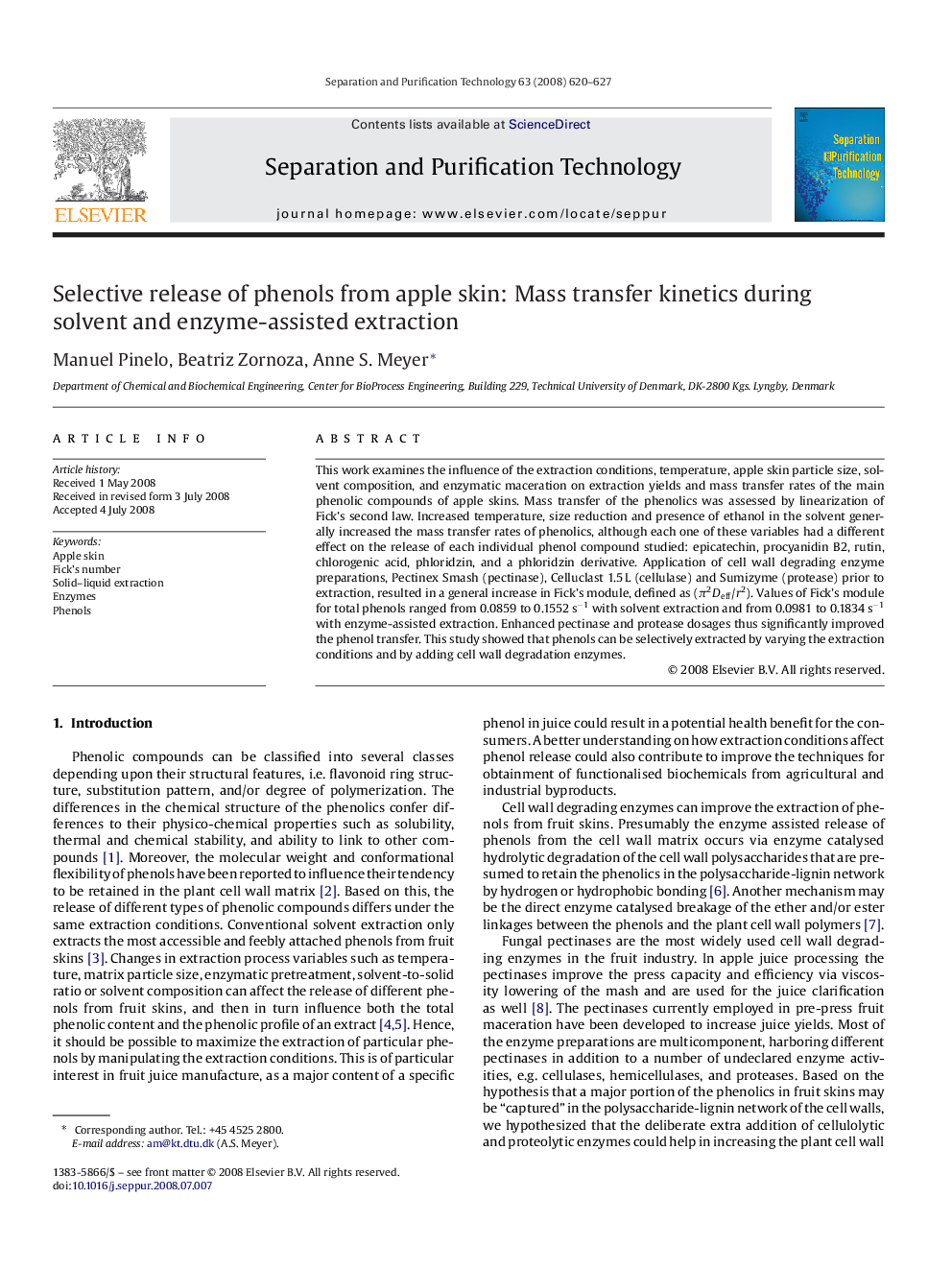 Selective release of phenols from apple skin: Mass transfer kinetics during solvent and enzyme-assisted extraction