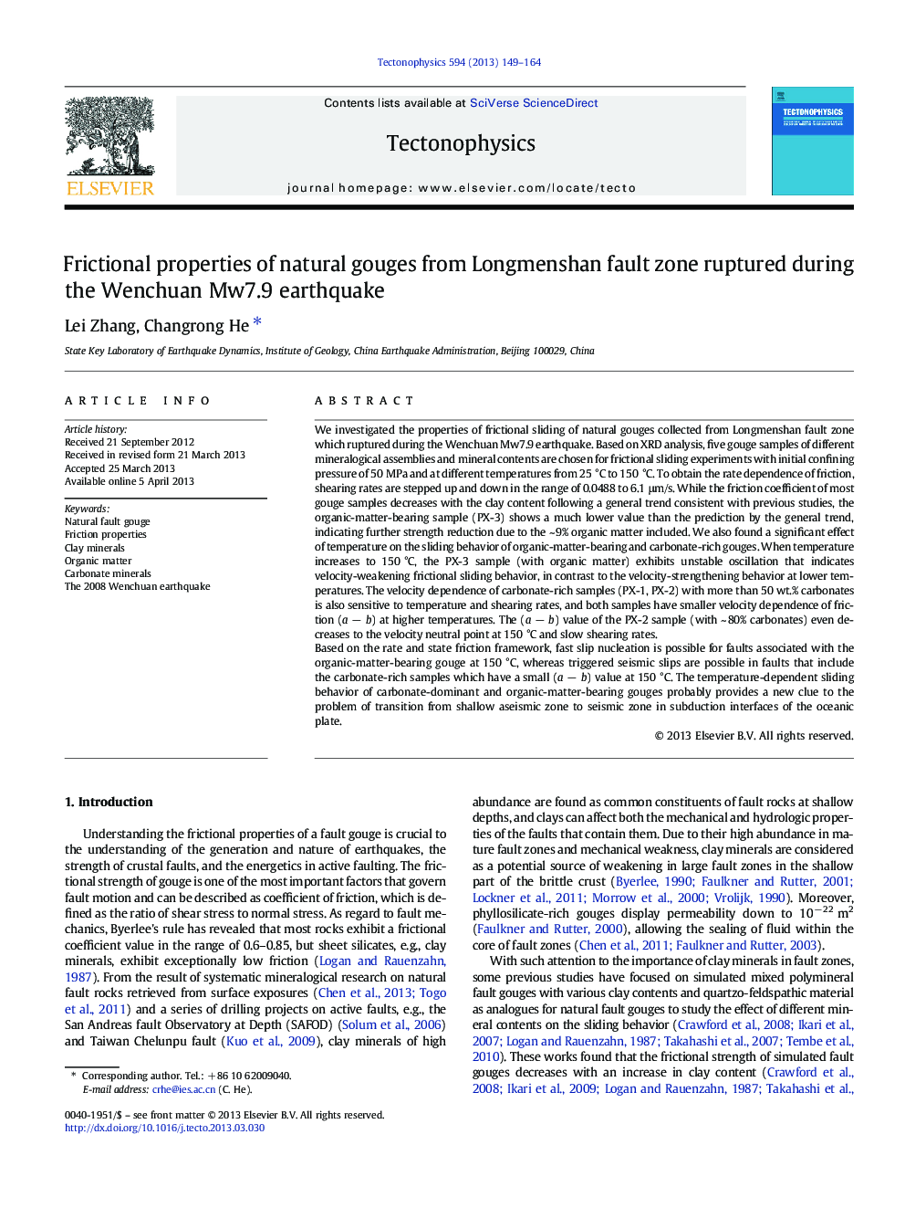 Frictional properties of natural gouges from Longmenshan fault zone ruptured during the Wenchuan Mw7.9 earthquake