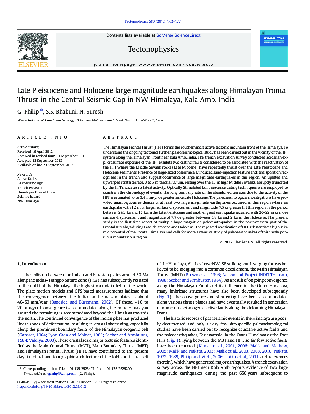 Late Pleistocene and Holocene large magnitude earthquakes along Himalayan Frontal Thrust in the Central Seismic Gap in NW Himalaya, Kala Amb, India